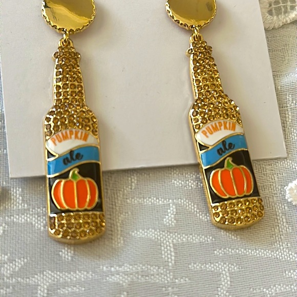BaubleBar Pumpkin Ale Bottle gem inlay Earrings “Spooky Juice” glass Bottle look - Picture 2 of 7